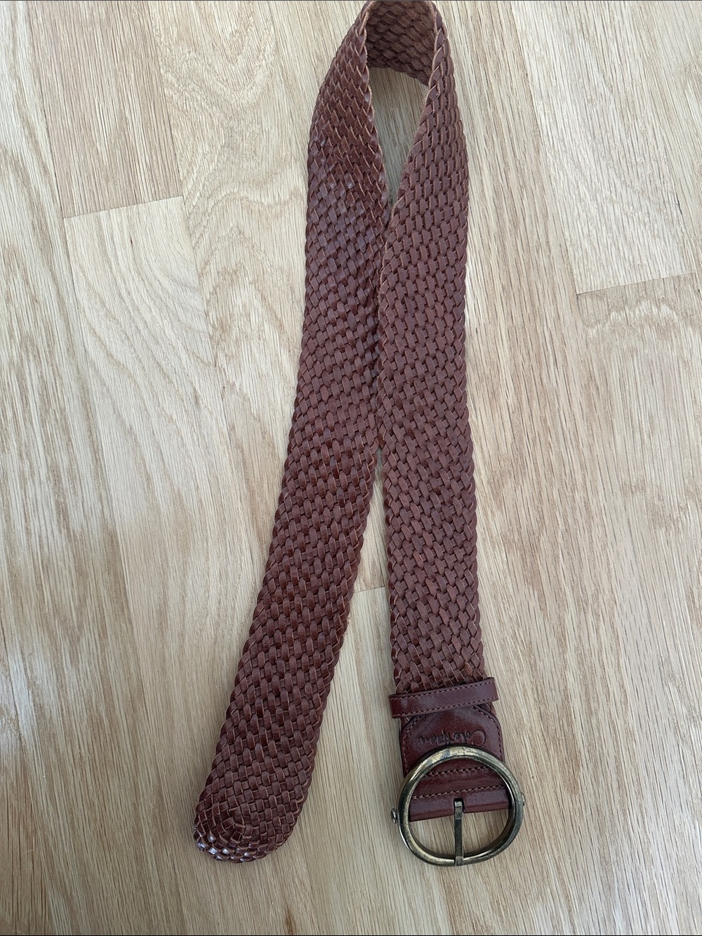 Cole Haan Woven Brown Leather Belt with Round Brass Buckle